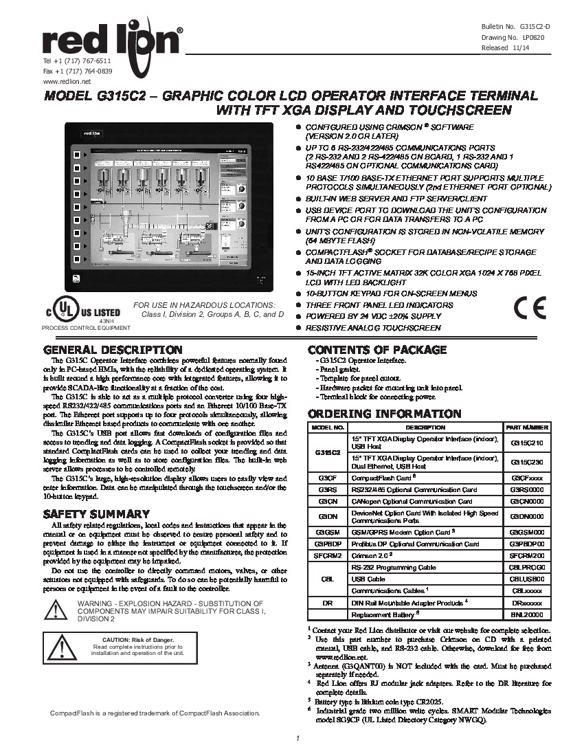 First Page Image of G315C210 Red Lion G315C2 Product Manual G315C2-D.pdf